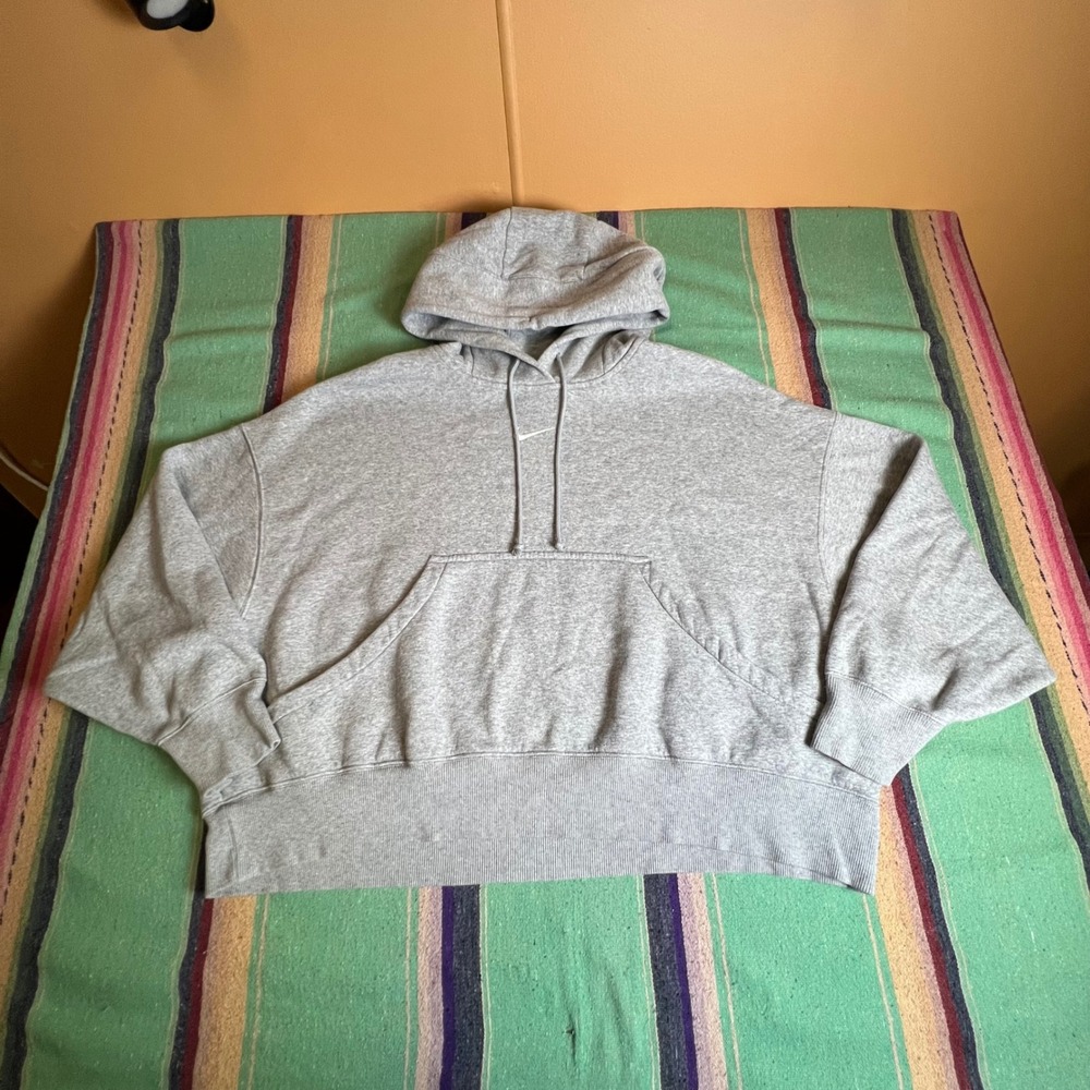 Nike Hoodie Womens M Gray Oversized Cropped Fleece Pullover Swoosh Sportswear